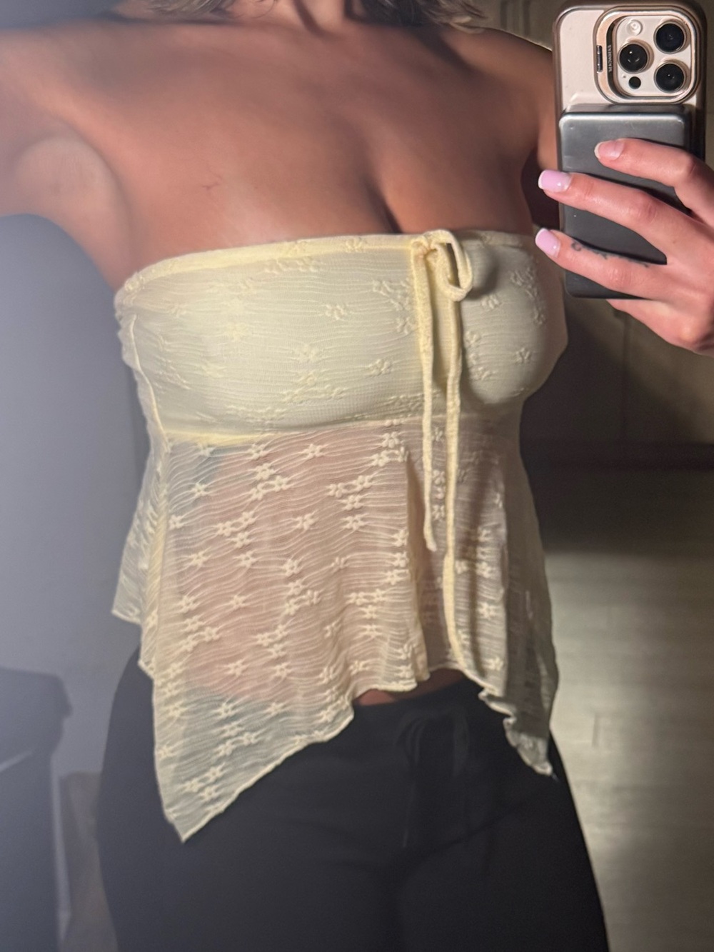 Edikted Pale Yellow Strapless Sheer Tie-Front Camisole